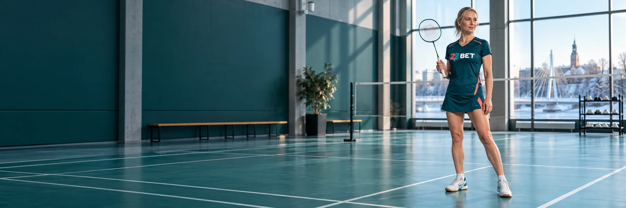 Badminton player on an indoor court wearing 22BET branding