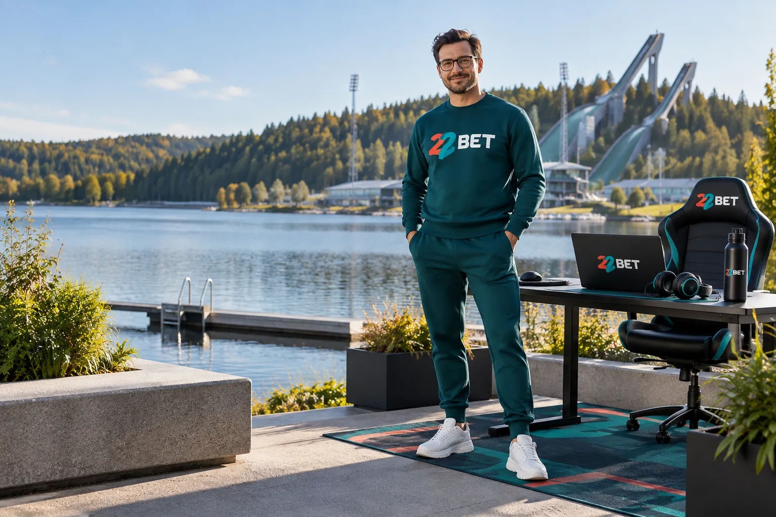 Esports player beside a gaming desk wearing 22BET branding