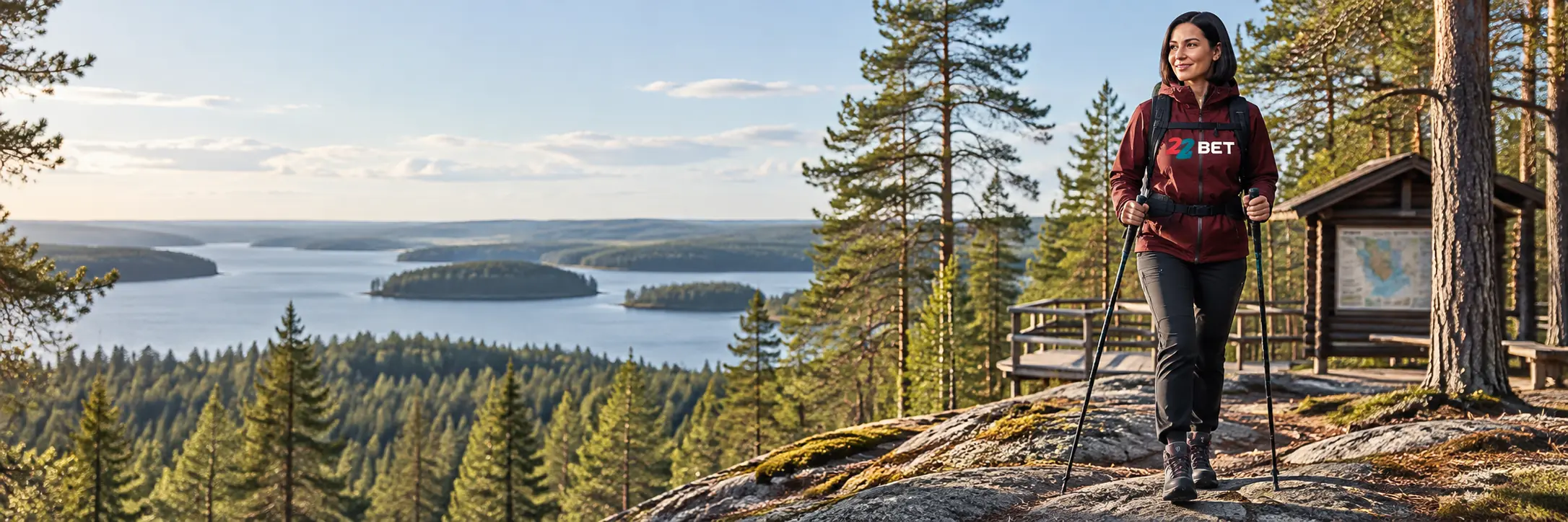 Hiker beside a Finnish lake wearing 22BET branding