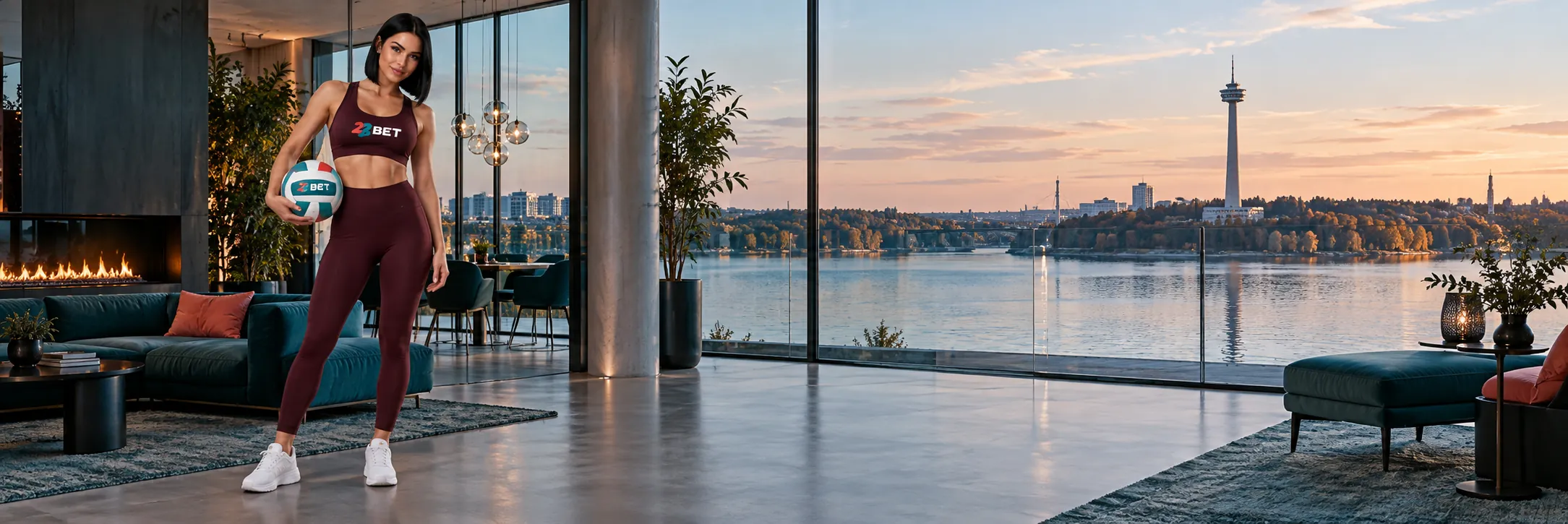 Volleyball player in a lakeside lounge wearing 22BET branding