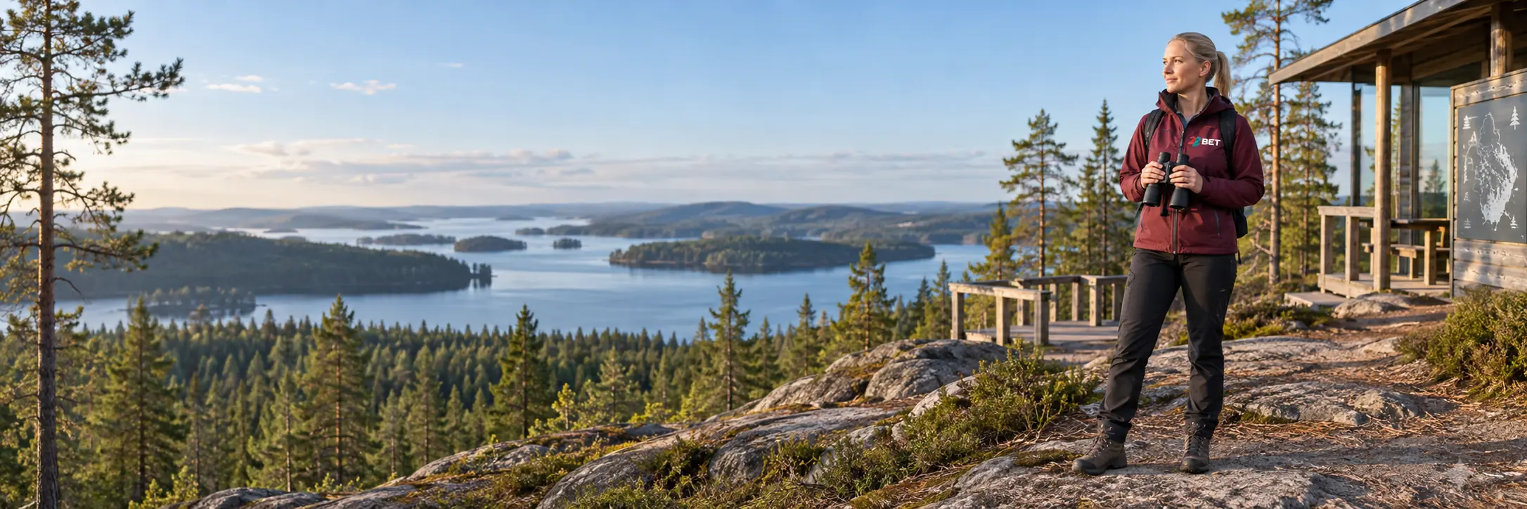 Hiker overlooking a Finnish lake wearing 22BET branding