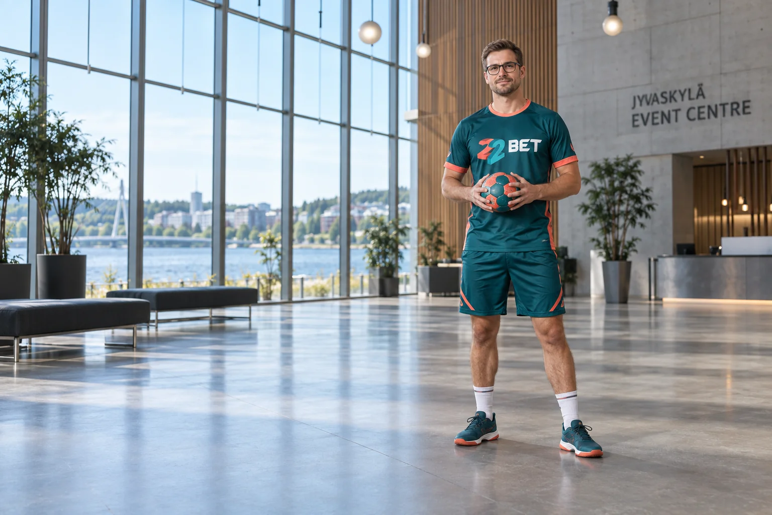 Handball player on an indoor court wearing 22BET branding