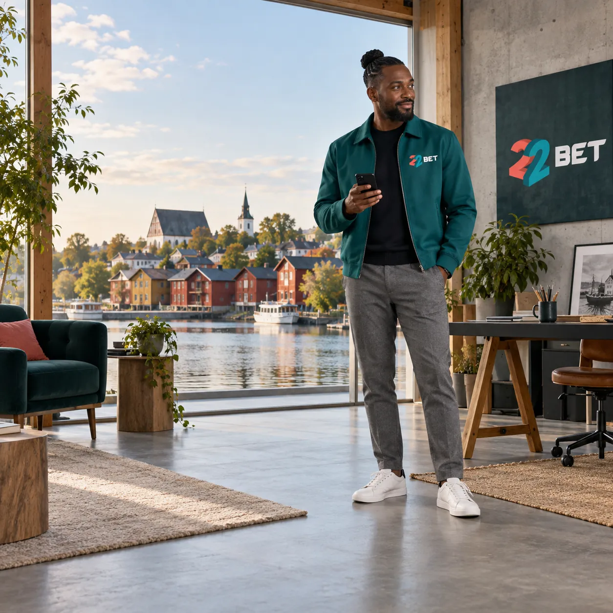 22BET visitor with a phone in a riverside lounge