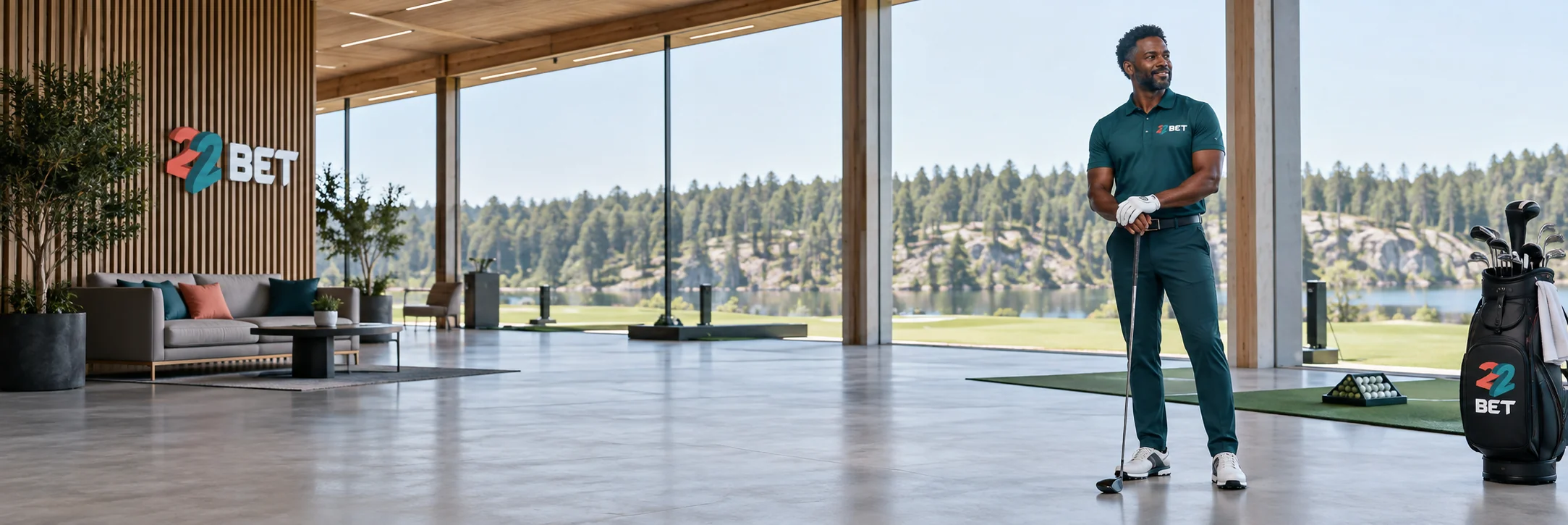 Golfer in a Finnish practice studio wearing 22BET branding