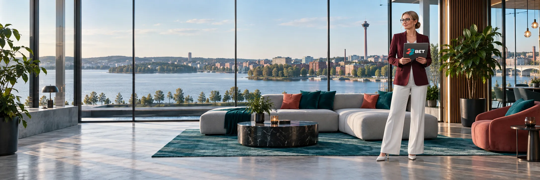 22BET visitor in a lakeside lounge