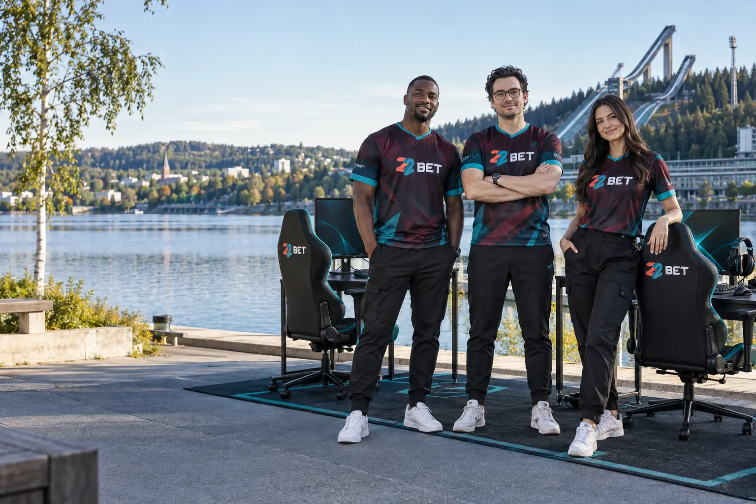 Esports team at a Finnish waterfront wearing 22BET branding
