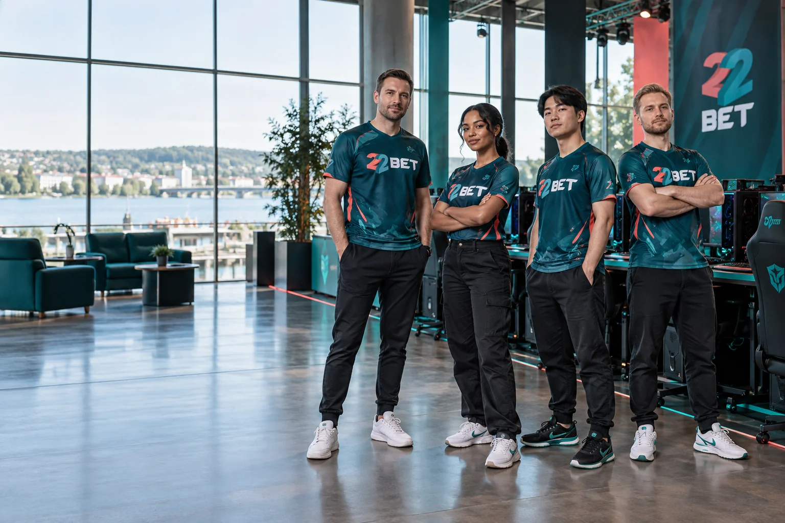 Esports team beside gaming stations wearing 22BET branding