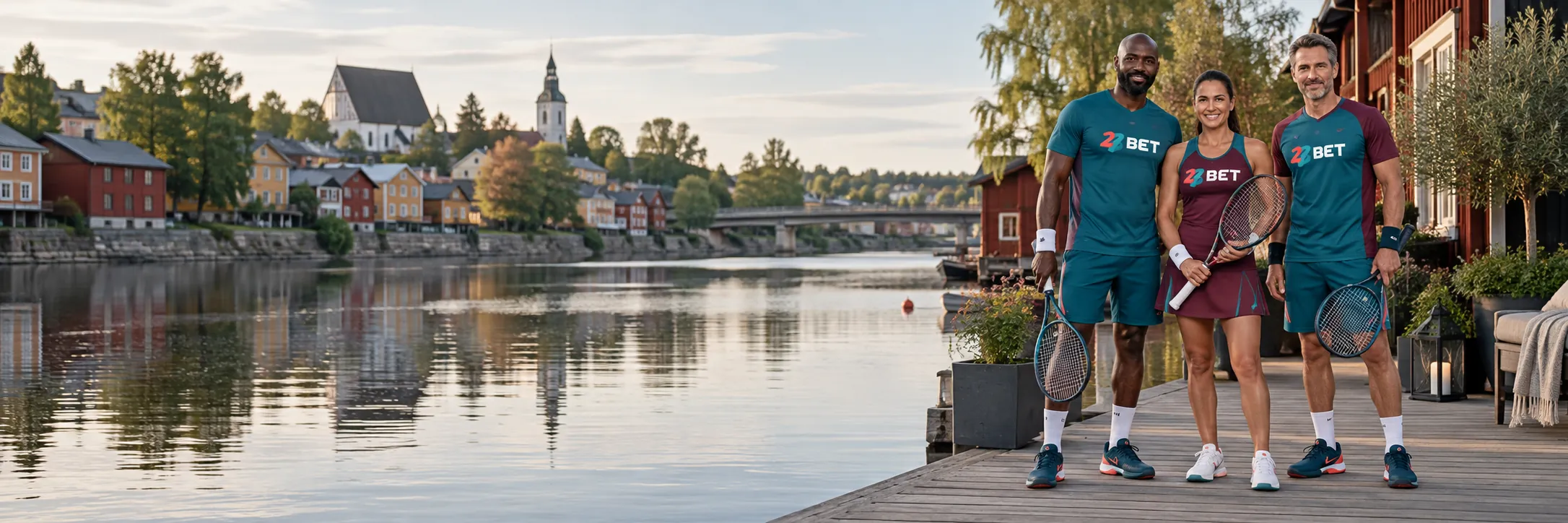 Sports team on the Porvoo waterfront wearing 22BET branding