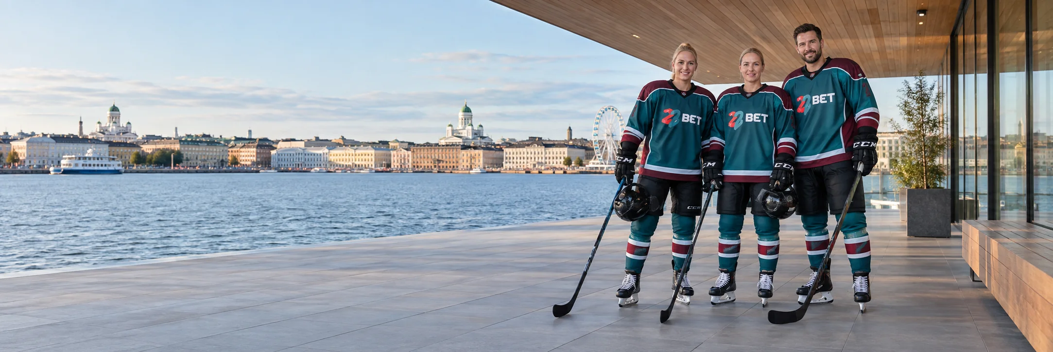 Ice hockey team on the Helsinki waterfront wearing 22BET branding