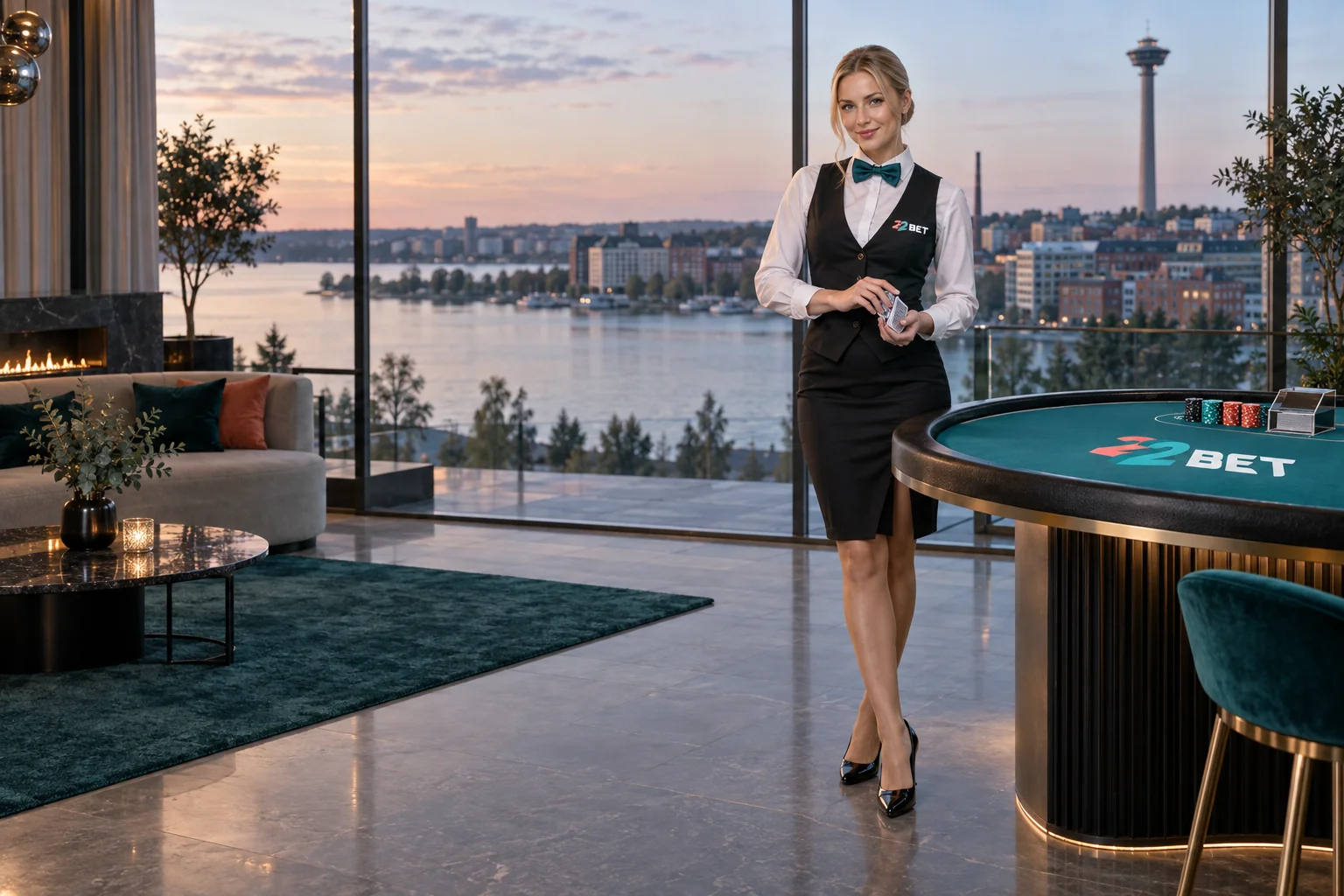 22BET elegant casino dealer with a deck of playing cards in Finland