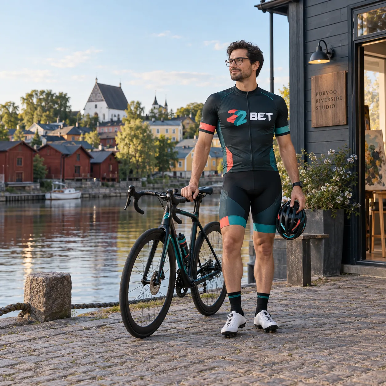 22BET cyclist next to road bicycle in Finland