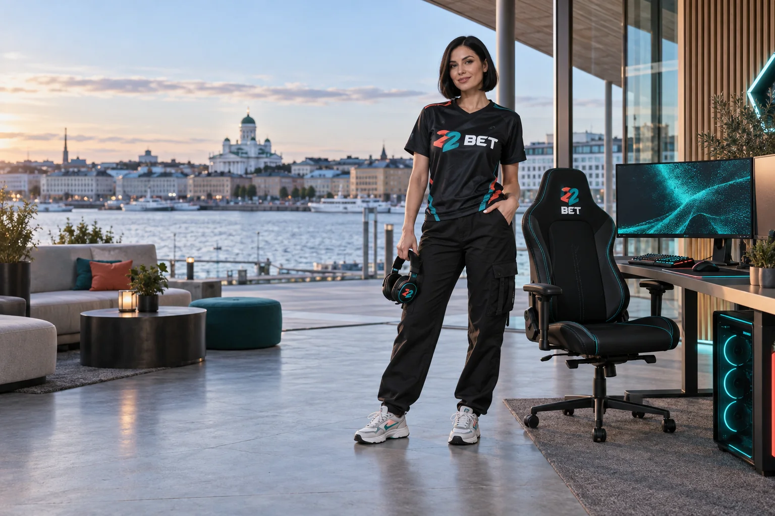 22BET esports player beside a modern gaming setup in Finland