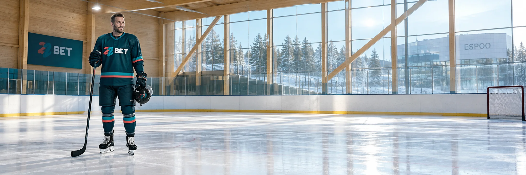 22BET ice hockey athlete holding stick and helmet in Finland