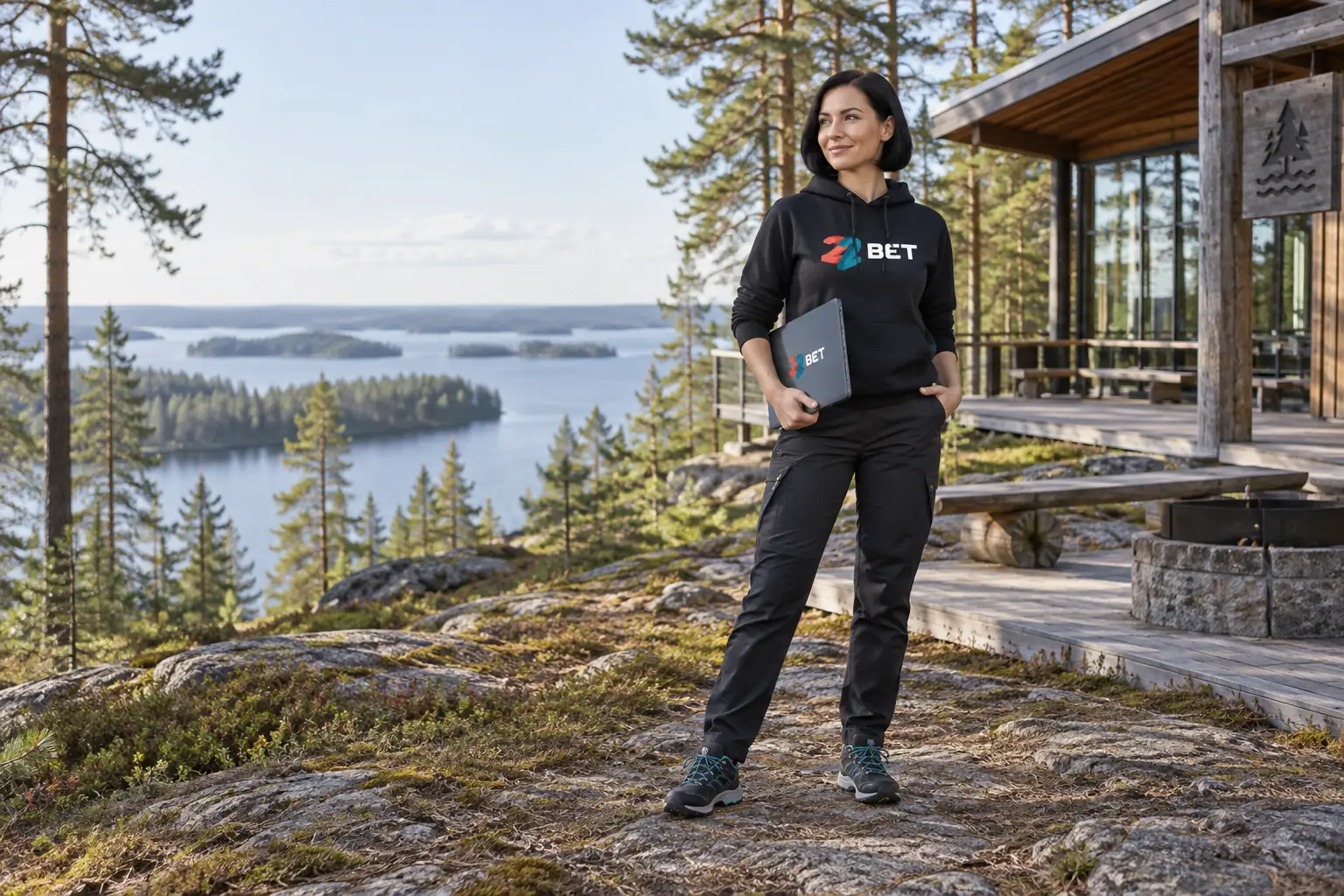 22BET person holding a closed laptop in Finland