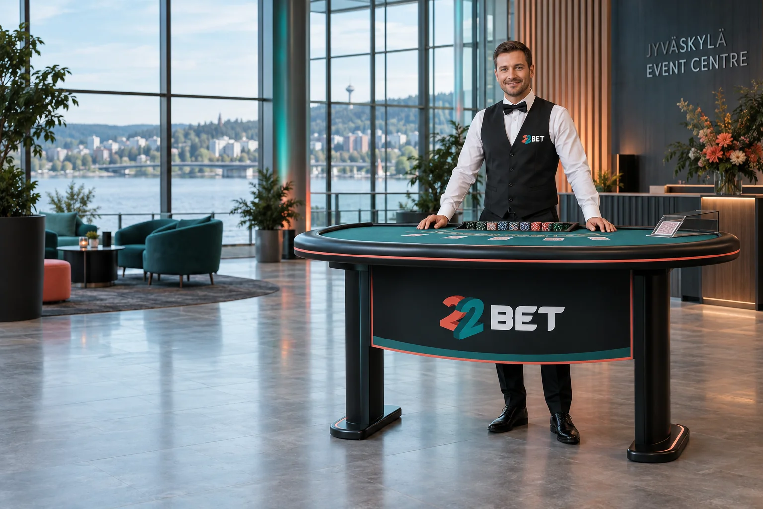 22BET elegant casino dealer behind a low card table in Finland