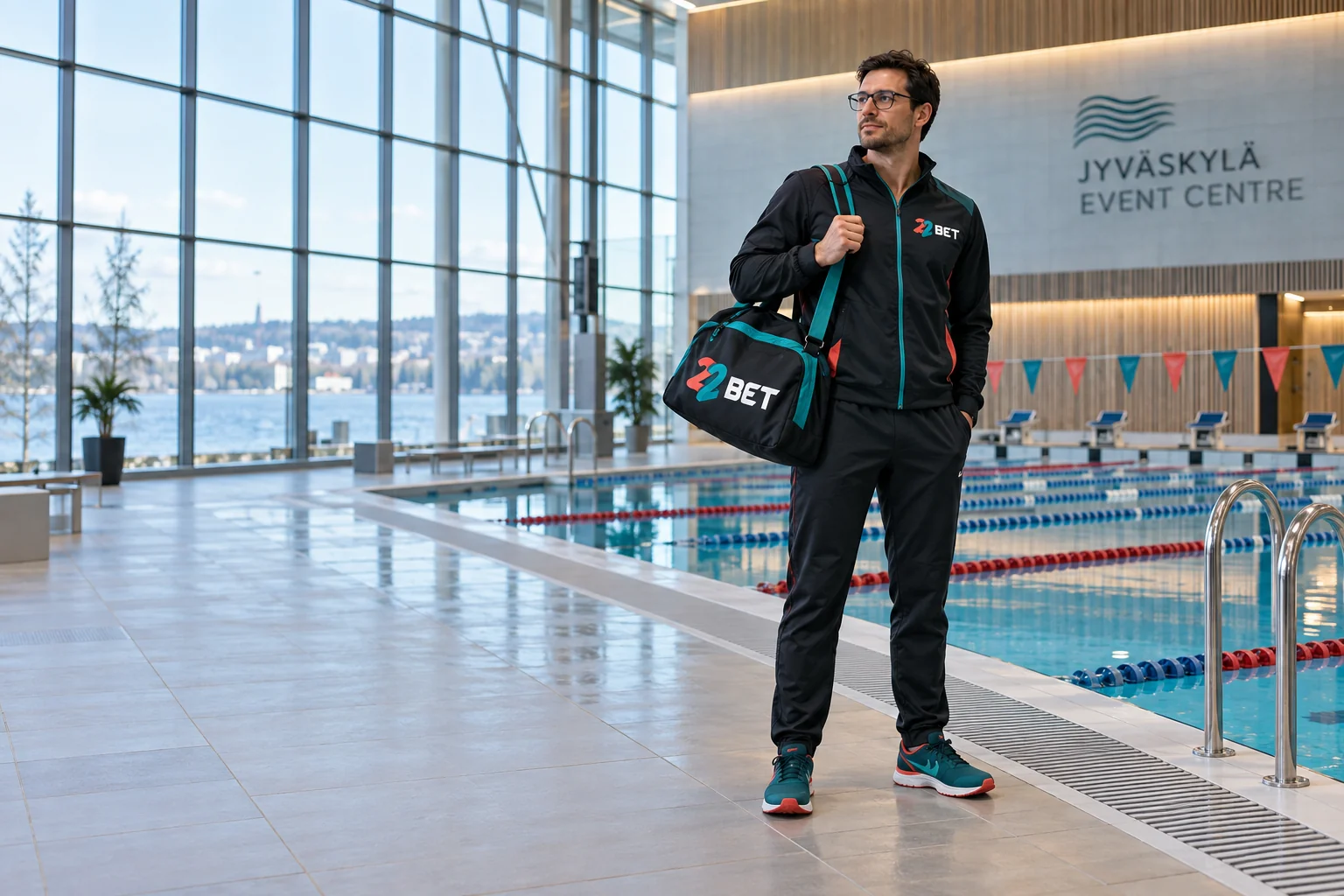 22BET adult competitive swimmer on pool deck in sports jacket in Finland